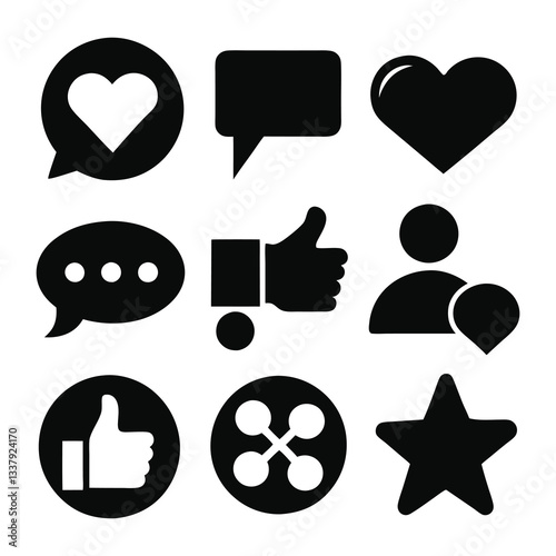 set of nine dislike, comment, and share icons of silhouette black shape vector design