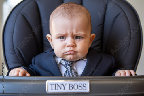 A Baby Dressed as a CEO Sitting in a High Chair with a Nameplate That Reads 