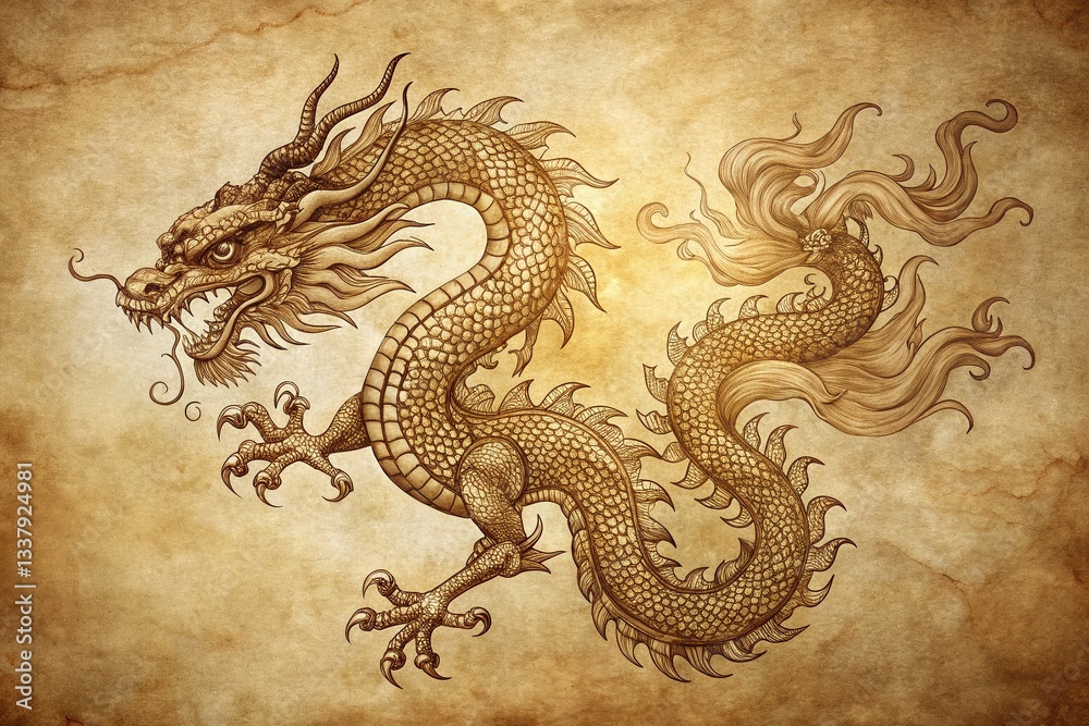 Fototapeta premium Vintage Line Art Ancient Chinese Dragon Ornament - Asian Mythological Creature Illustration