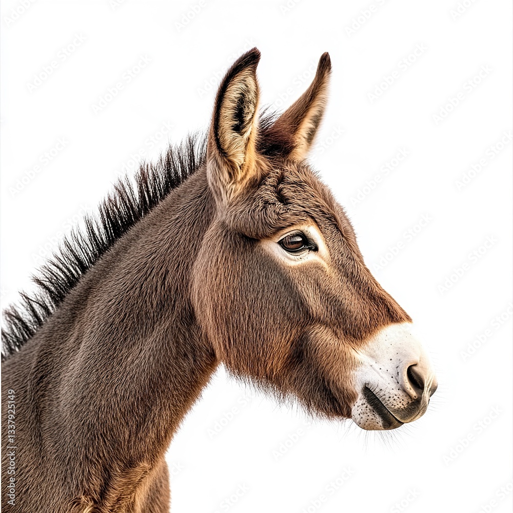 Fototapeta premium A brown donkey looking sideways, soft fur detailed, even lighting, full-body shot, white background. 