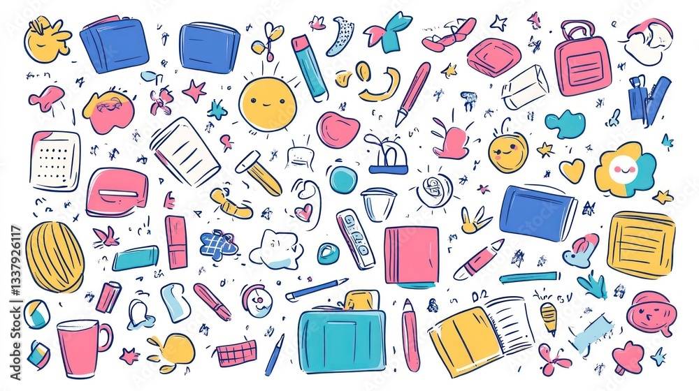 A Whimsical Illustration Depicting Various Cute Objects And Elements A Whimsical Illustration Depicting Various Cute Objects And Elements