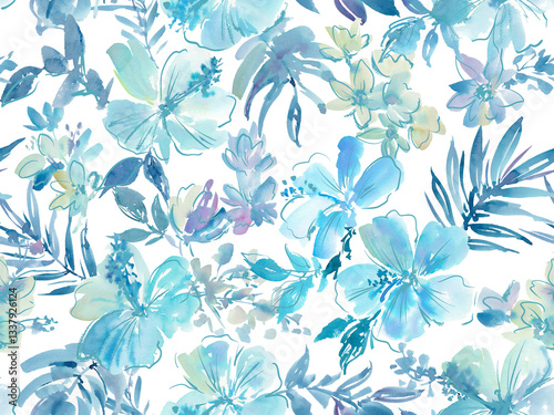 Fototapeta Naklejka Na Ścianę i Meble -  PNG seamless pattern of abstract hibiscus flowers and tropical foliage painted in watercolor. A hand-drawn summer floral background wallpaper. Hibiscus textile design with transparent background.