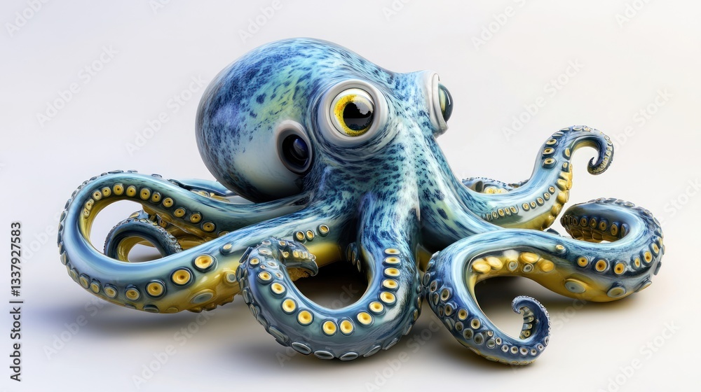 Obraz premium Playful, cartoonish octopus, stylized design, vibrant colors, light blue and yellow, large eyes, detailed tentacles, 3d rendering, isolated, studio shot, whimsical, cute, adorable, ocean animal