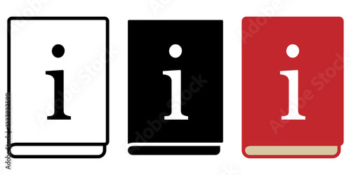 A book information icon in three different styles: outline, solid black, and solid red. The design features a book shape with a lowercase "i" symbol, representing information, knowledge, or help guide