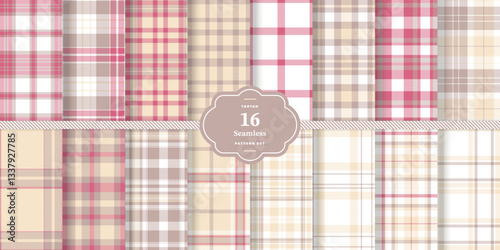 Deep Burgundy Tartan patterns fabric texture. Modern Cream Bisque Seamless Tartan Set of 16