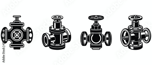 Industrial Valve Set – Black and White Vector Illustrations