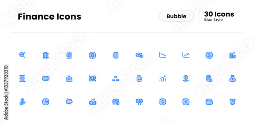 Finance Icon Set. Money, Investment, Profit, Savings, Expense, Income, Debt, Credit, Loan, Tax, Asset, Equity, Wealth, Balance, Payment. Vector Blue Icon Illustration