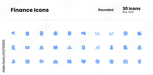 Finance Icon Set. Money, Investment, Profit, Savings, Expense, Income, Debt, Credit, Loan, Tax, Asset, Equity, Wealth, Balance, Payment. Vector Blue Icon Illustration