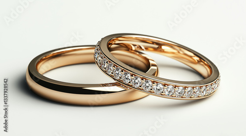 Wedding, gold wedding rings on a white background, close up, created with Generative AI technology