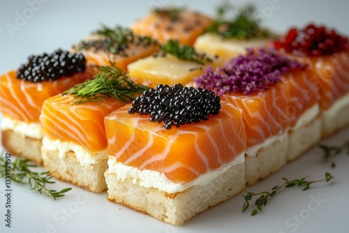 Canapes with smoked salmon and caviar. Closeup of delicious canapes with salmon and caviar 