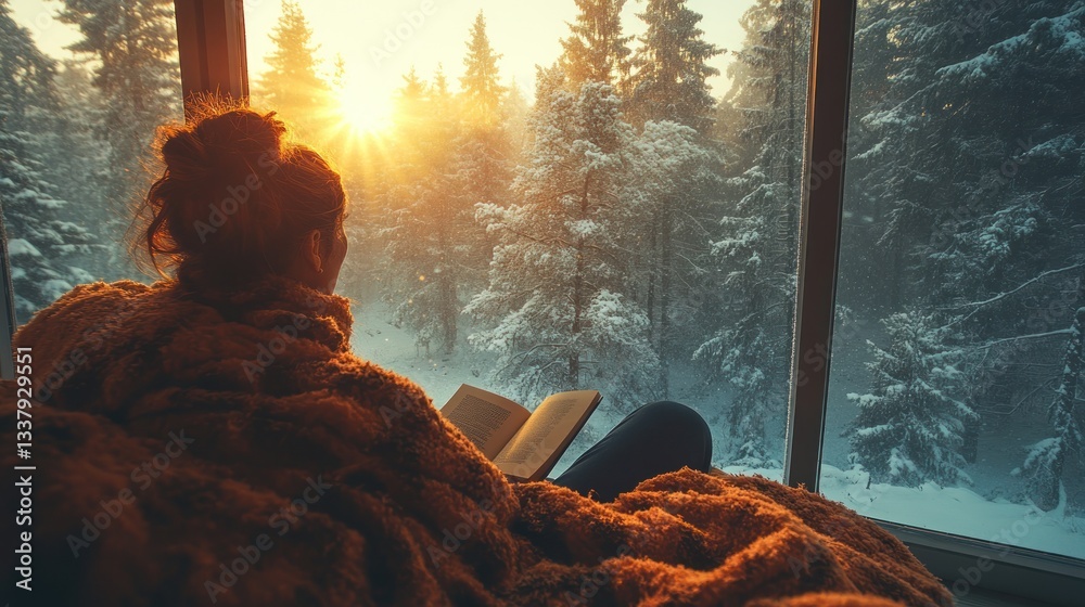 Fototapeta premium Cozy Winter Sunset: Woman Reading by Window with Stunning Snowy Forest View
