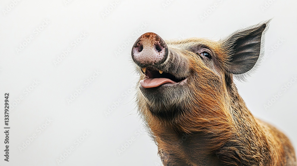 Fototapeta premium A charming pig with a big, open-mouthed smile, its tongue slightly visible, standing proudly against a clean white backdrop, capturing pure happiness, cinematic portrait shot. 