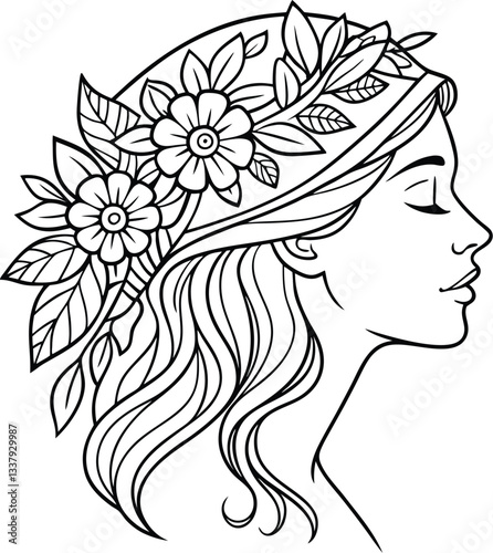 female, book, coloring, illustration, headdress, floral, nature, flower, adult, page, black, vector, white, sketch, head, graphic, art, drawing, design, girl, isolated, garden, pages, hat, doodle, han