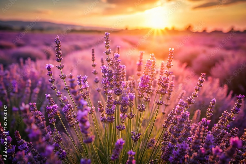Fototapeta premium Vintage Serbia Lavender Fields: Blooming Purple Flowers in Sunlit Rural Landscape