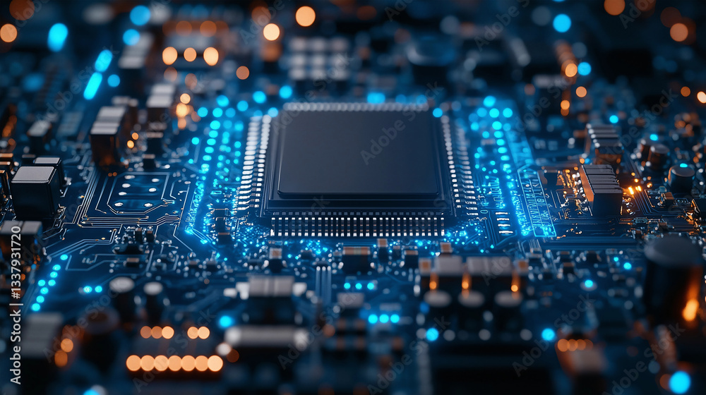 Obraz premium A close-up of an advanced microchip on the circuit board, symbolizing high-tech and computer technology concepts.