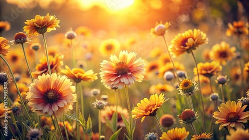 Vintage Sunlit Blooming Flower Field - Soft Light, Vibrant Colors, Pastoral Scene