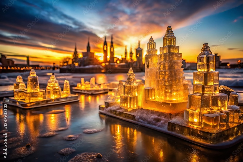 Fototapeta premium Vintage Sunset Cityscape: Illuminated Ice Sculptures Reflecting on Calm Water