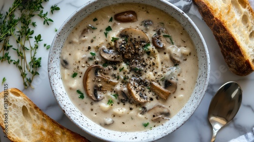 A rich and creamy bowl of mushroom soup topped with freshly cracked black pepper, served with a side of freshly baked baguette.
