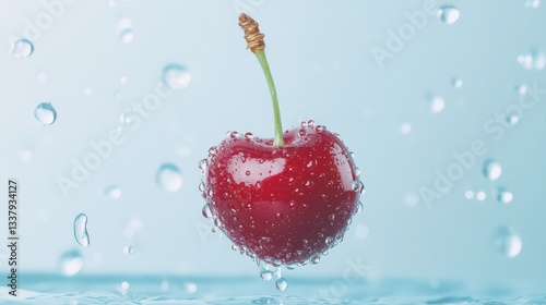 A single cherry surrounded by water droplets, floating gently in clear water, with a solid-colored background that enhances the fruit's color.