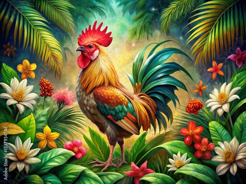 Wallpaper Mural Vintage Watercolor Rooster Tropical Flowers Birds Exotic Lush Greenery Illustration Torontodigital.ca