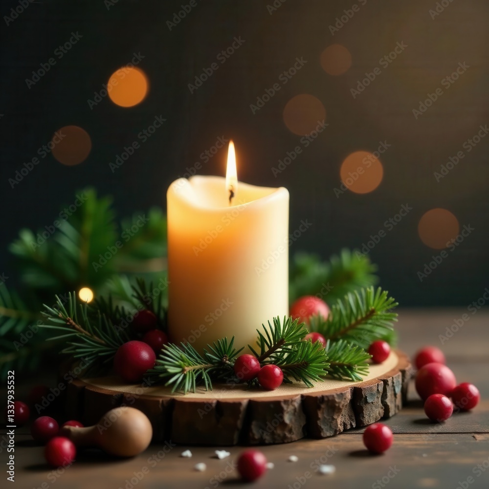 Burning advent candle, natural Christmas decor, rustic wood, magical glow , festive, cone Burning advent candle, natural Christmas decor, rustic wood, magical glow , festive, cone
