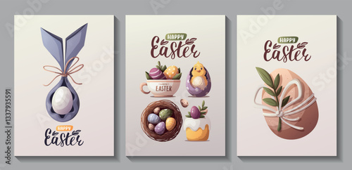 Happy Easter card set with decorated easter eggs, bird's nest, easter cake, chick. Vector illustration for poster, card, cover.