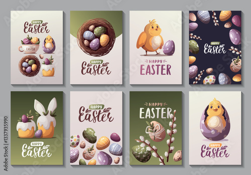 Happy Easter card set with decorated easter eggs, bird's nest, easter cake, chicks. Vector illustration for poster, card, cover.