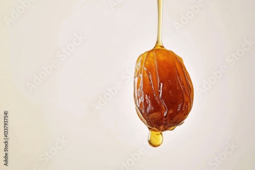 Date Fruit Dripping Honey Against Soft Beige Background