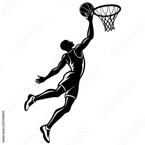 Silhouette of a basketball player soaring through the air, executing a powerful dunk into the hoop 