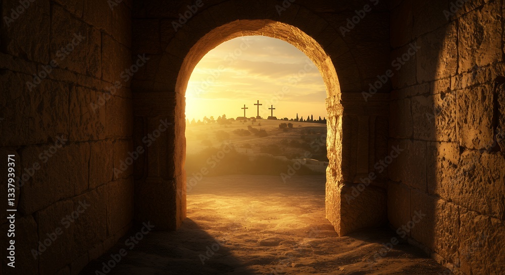 Fototapeta premium Three crosses on horizon viewed through stone arch during sunset