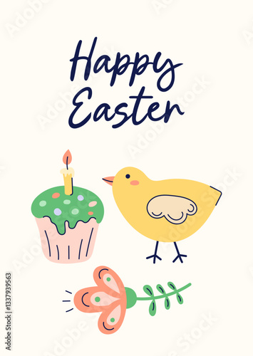 Happy Easter simple card with chicken, kulich and flower. Design with text on light beige background. Happy Easter hand drawn card. Flat illustration with partial outline. Vector illustration.