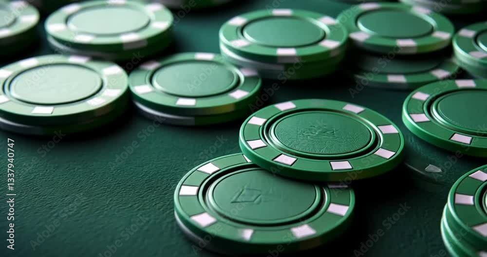 Green poker chips stacked on a dark felt table.  Possible use for casino gambling stock images