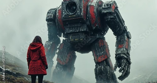 Woman confronts giant robot in foggy mountain landscape. Possible use Sci-fi, fantasy, adventure