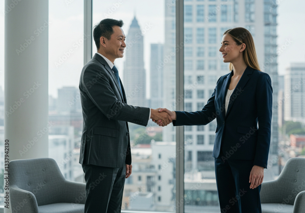 Business professionals shaking hands in a corporate setting with a modern office background. Business professionals shaking hands in a corporate setting with a modern office background.