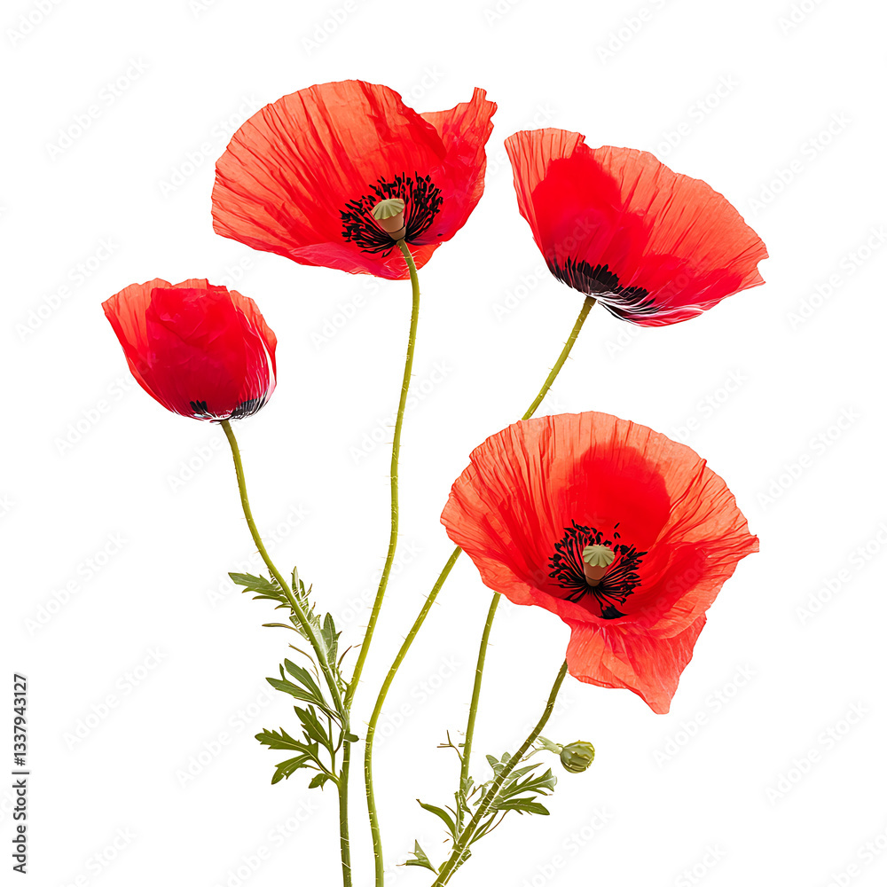 Obraz premium Red poppy flowers with vibrant red poppies, delicate petals transparent background.png