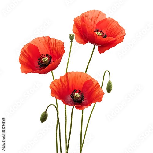 Red poppy flowers with vibrant red poppies, delicate petals transparent background.png