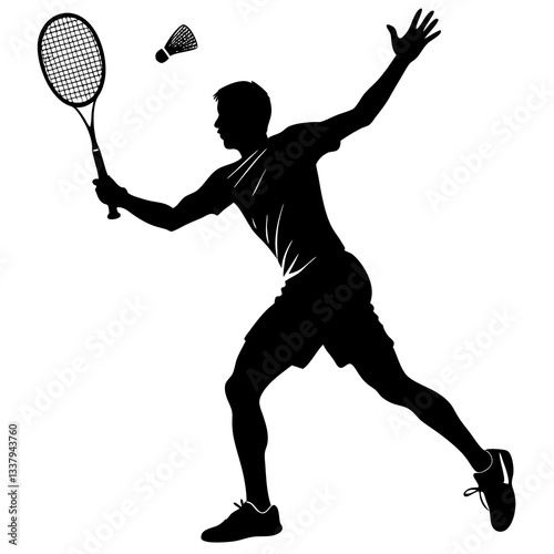 Silhouette of a badminton player in an athletic stance, executing a powerful smash
