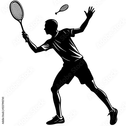 Silhouette of a badminton player in an athletic stance, executing a powerful smash