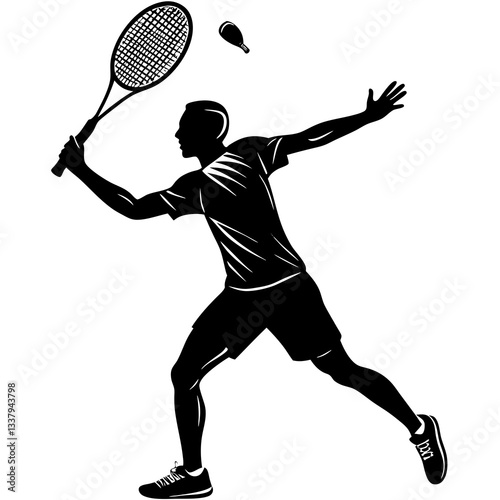 Silhouette of a badminton player in an athletic stance, executing a powerful smash