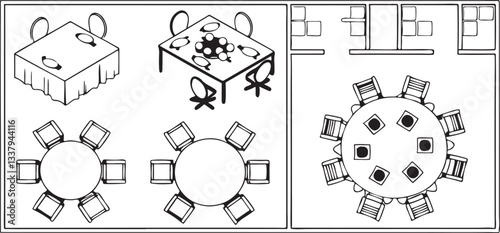Restaurant Table Arrangement | Dining Table Seating Plan | Line Art Vector