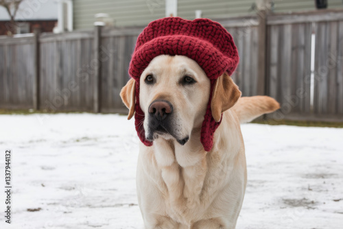 Cute dog covering face with red knit hat in winter photo