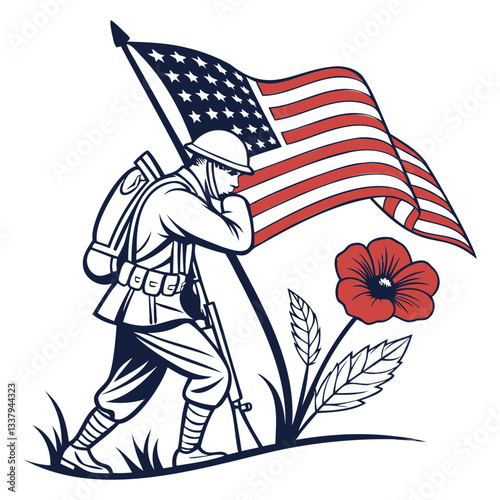 Clean & Sharp Memorial Day Vector Illustration: Soldier, Flag, and Poppy Icon Isolated on Transparent Background