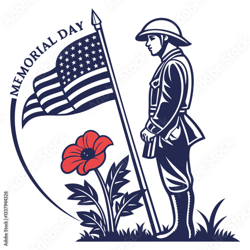 Clean & Sharp Memorial Day Vector Illustration: Soldier, Flag, and Poppy Icon Isolated on Transparent Background