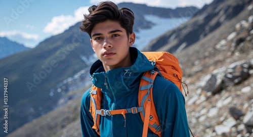 latin Hispanic teen guy hiking mountain background close up athlete active sports wear photography posing model photoshoot