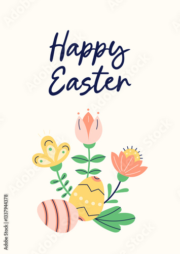 Happy Easter simple card with flowers and painted eggs. Design with text on light beige background. Happy Easter hand drawn card. Flat illustration with partial outline. Vector illustration.