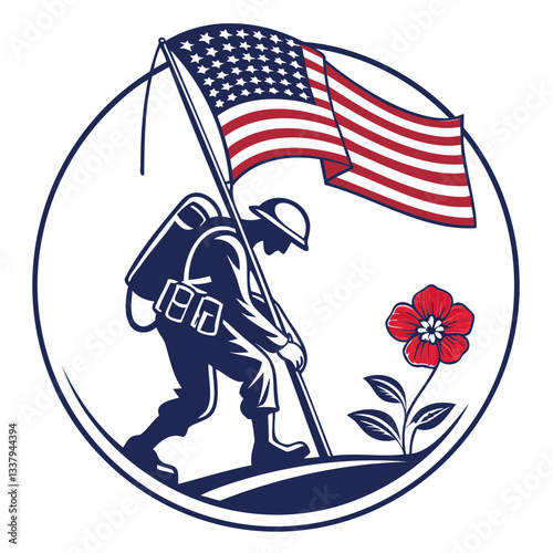 Memorial Day (Soldier, Flag, Poppy Flower) icon high quality clean sharp edge  vector illustration isolated on a transparent background