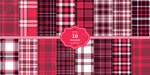 Plaid pattern seamless. Deep Burgundy & Vibrant Red Tartan Textile Design.  Set of 16