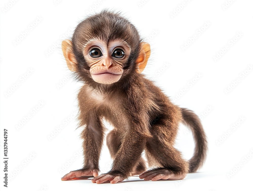 A cute baby monkey standing with a joyful grin, its fluffy fur and tiny tail curled up in excitement, isolated on a white background A cute baby monkey standing with a joyful grin, its fluffy fur and tiny tail curled up in excitement, isolated on a white background
