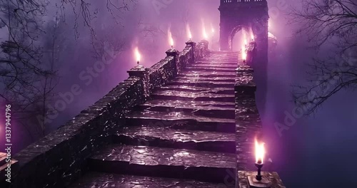 Misty night bridge with glowing torches