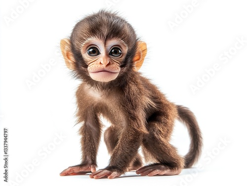 A cute baby monkey standing with a joyful grin, its fluffy fur and tiny tail curled up in excitement, isolated on a white background 